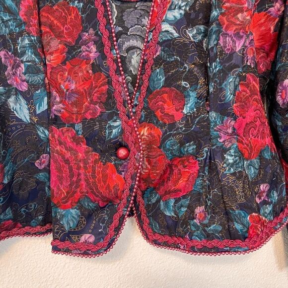 Vintage 80s Floral Print Beaded Trim Blazer Size 12 - Picture 2 of 7